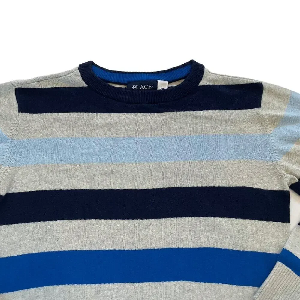 Children's Place Cotton Blue Gray Striped Long Sleeve Crew Neck Sweater, 7/8